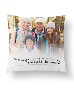 Custom Close To The Heart Pillow with a family photo of grandparents and kids, soft fabric with heartfelt printed message in black text.