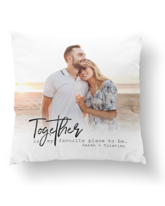 White decorative pillow featuring a romantic couple print and the phrase 'Together is my favorite place to be' with personalized names.