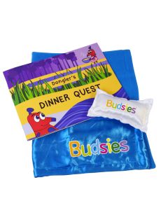 Budsiest bedtime set featuring a soft blue satin blanket, matching small pillow, and colorful Dongler's Dinner Quest storybook.